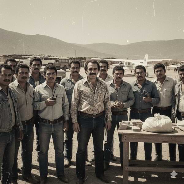 Joaquín 'El Chapo' Guzmán in the 1980s with his associates, representing the early Sinaloa Cartel