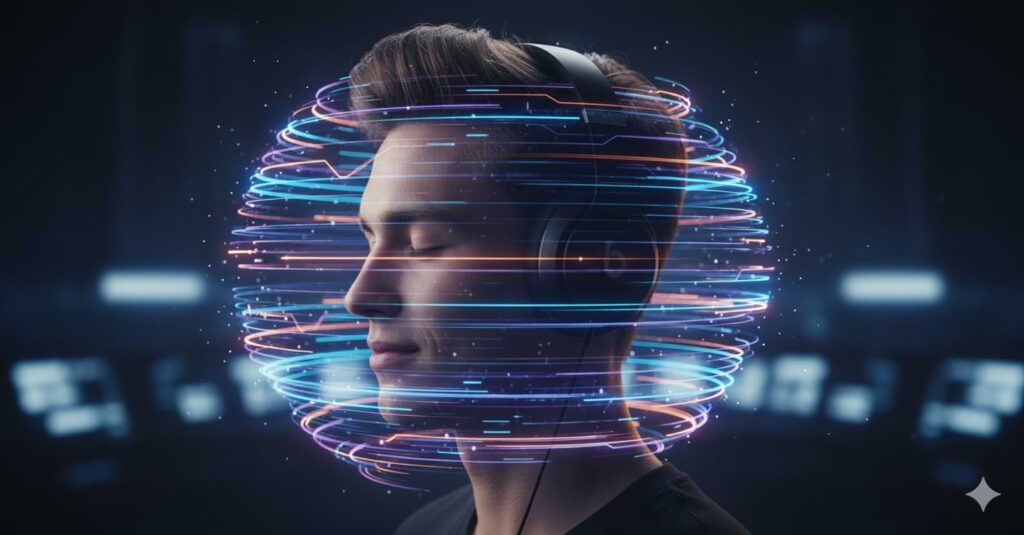 Person wearing Beats Solo 4 with 360-degree spatial audio effects around them