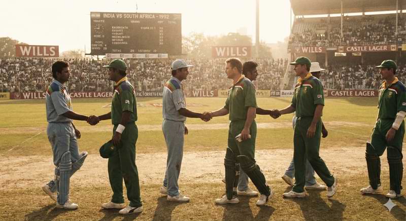 Historic cricket match between India and South Africa in the 1990s, players shaking hands
