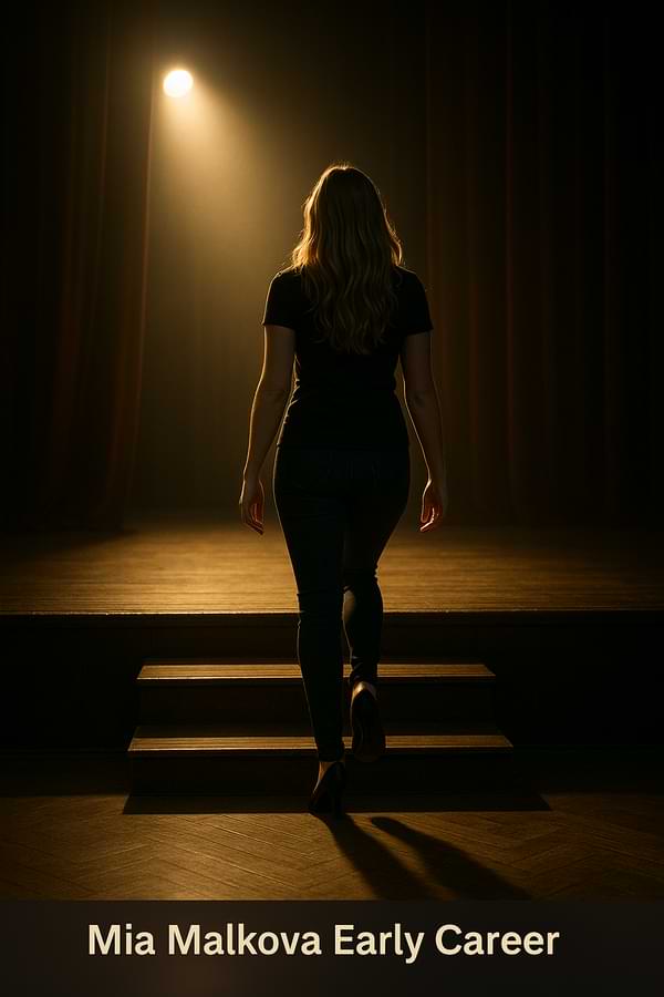 A symbolic image of a young woman stepping onto a stage, representing the start of a career in entertainment.