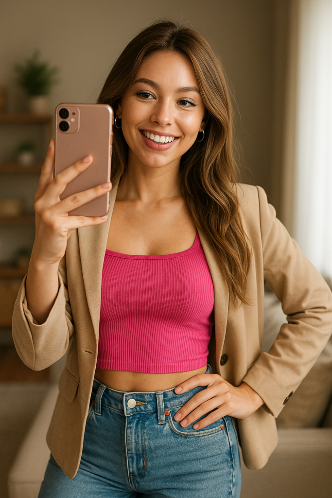 A young woman taking a selfie in a stylish outfit, symbolizing the start of a social media influencer's journey.