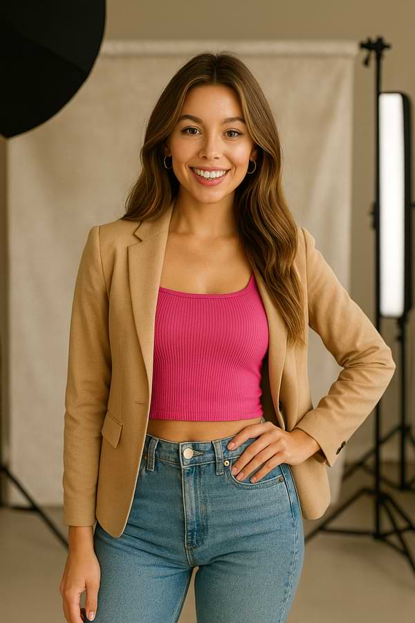 A confident woman posing in a fashionable outfit during a professional photoshoot.