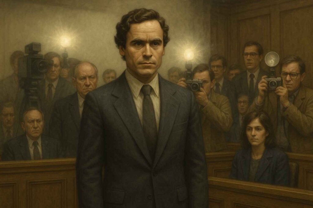 Illustration depicting Ted Bundy during his infamous court trials in the 1970s
