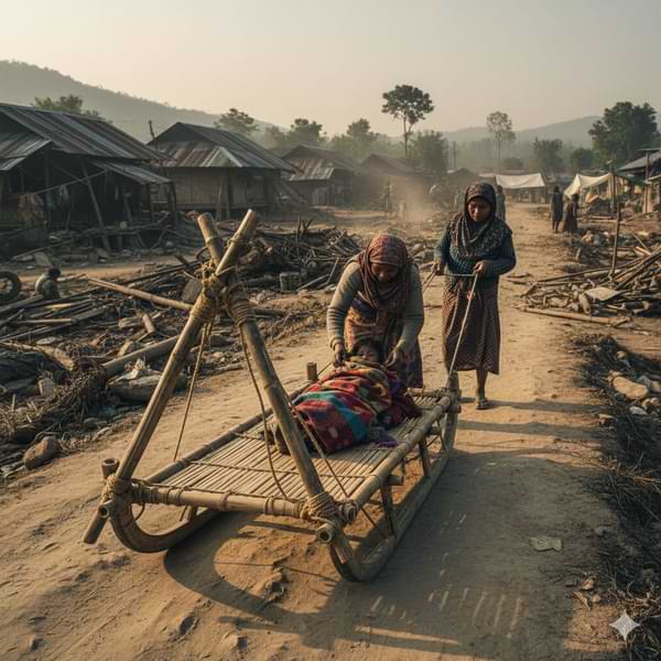 A bamboo sled designed by Alexis Lewis for transporting children in disaster-stricken areas