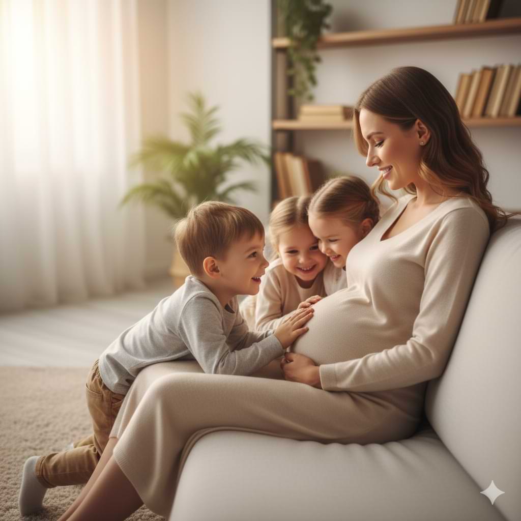 Two children bonding with their pregnant mother during her third pregnancy.
