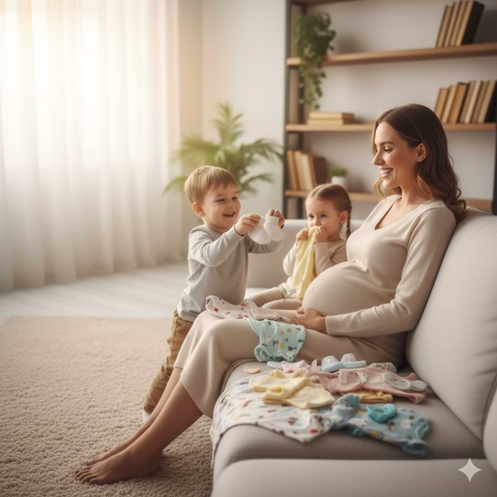 Older siblings helping their pregnant mother prepare for the arrival of a new baby.