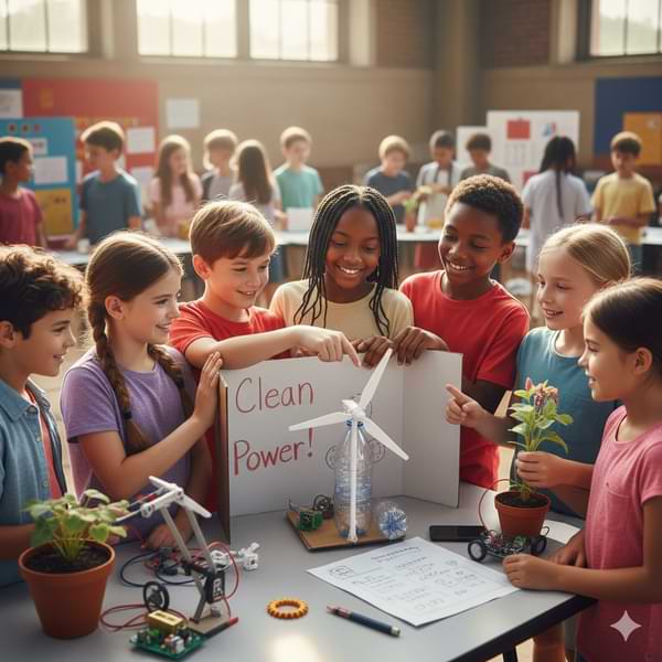 Young students showcasing their creative projects at a school invention fair