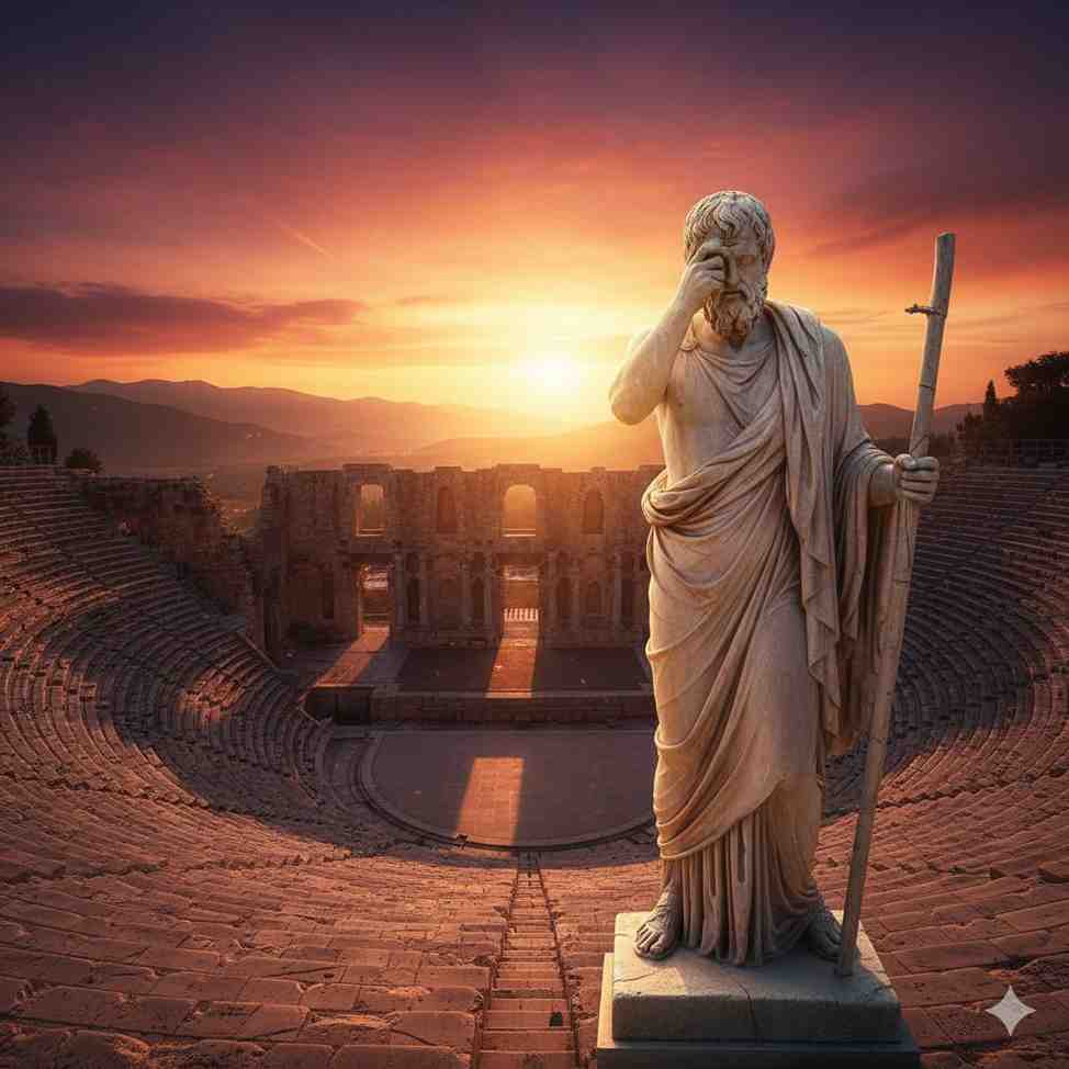 An ancient Greek amphitheater with a statue of Oedipus, symbolizing the origins of tragedy in literature.
