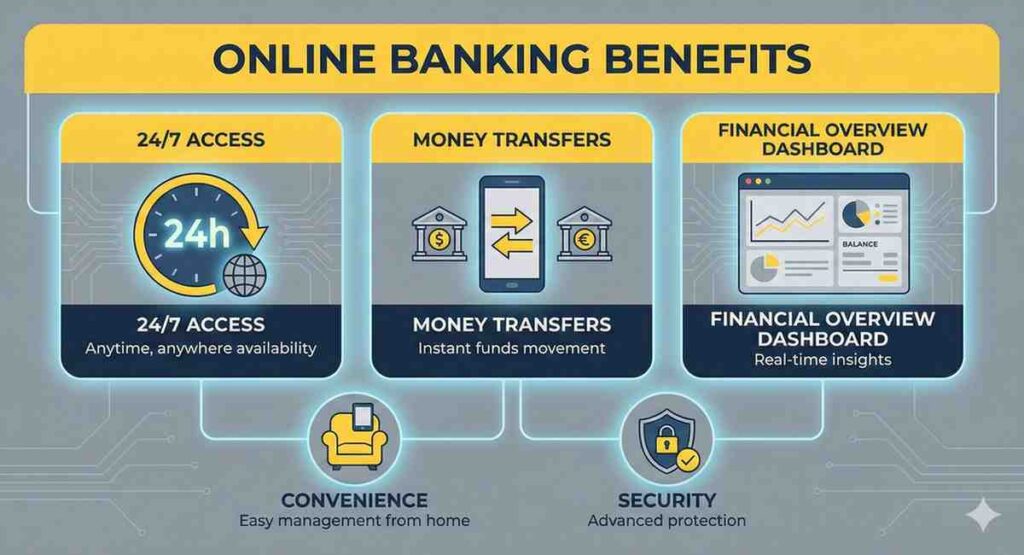 Illustration showing advantages like 24/7 access, easy transfers, and financial overview