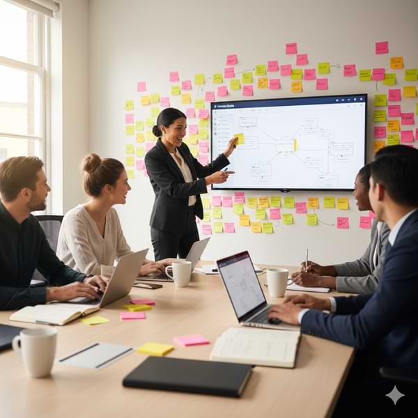 A team brainstorming innovative ideas under the leadership of a rising professional.