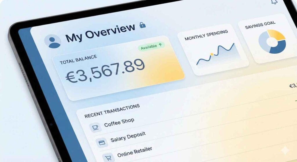 Graphic of a clean digital banking dashboard with account overview and transactions