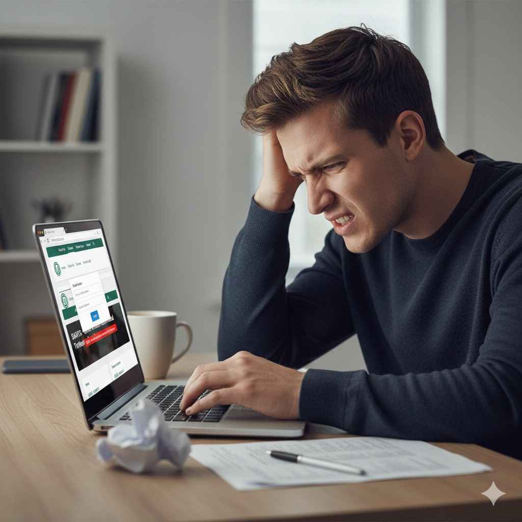 Frustrated student at a desk with a laptop, resolving login issues.