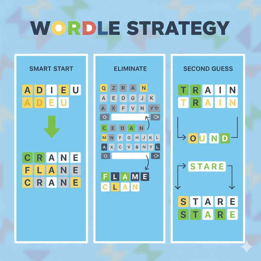 Infographic showing Wordle letter strategies and tips